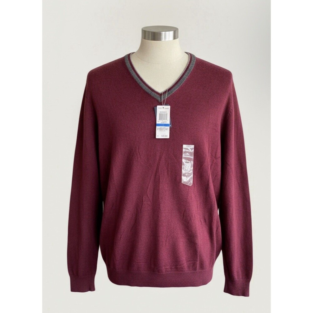Club Room NWT Mens X-Large Merino Wool Blend V Neck Sweater Burgundy Red Plum
